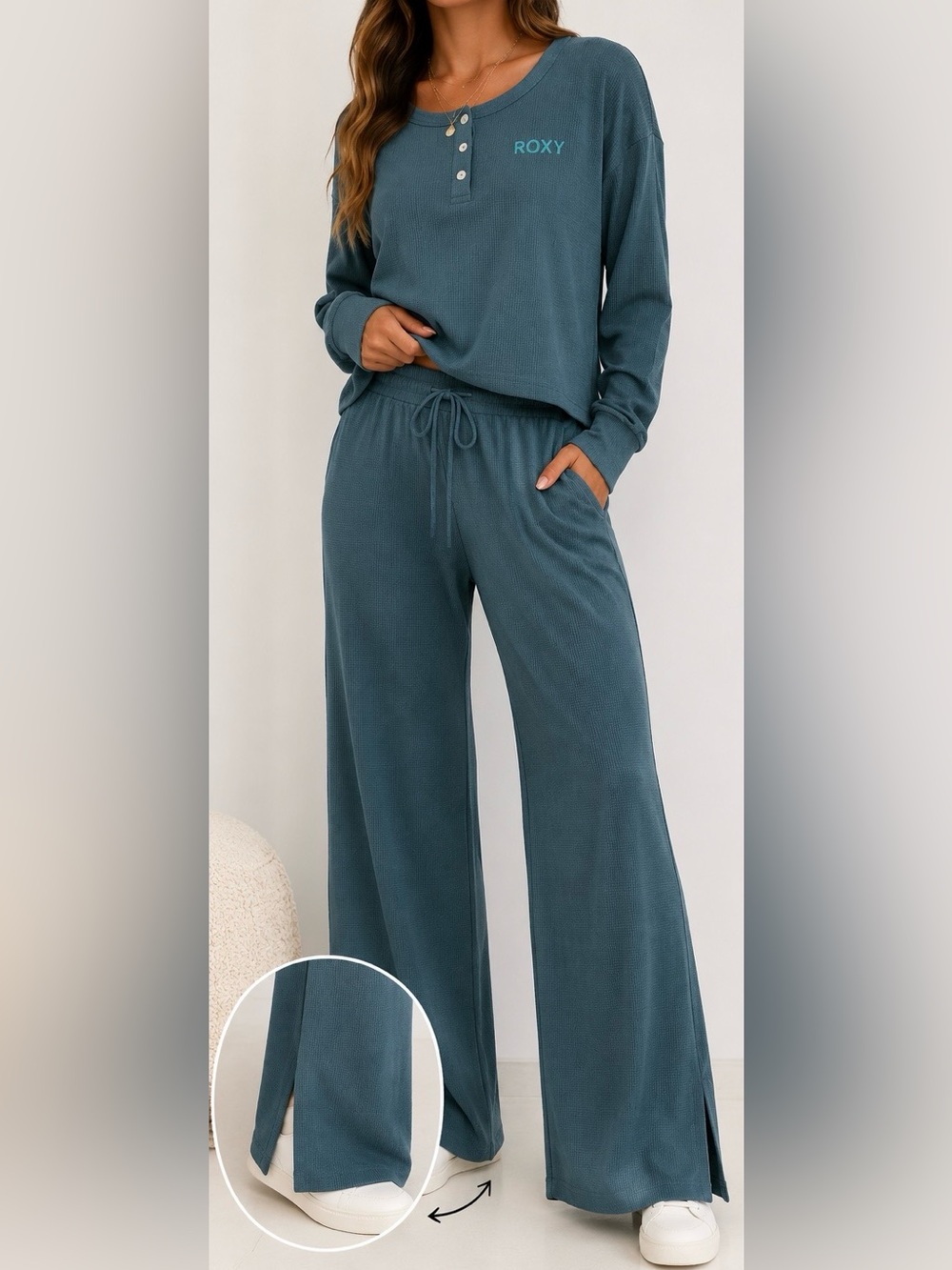 ROXY Waffle Knit Lounge Pajama Set Blue Green Wide Leg Pants Size Large NWT